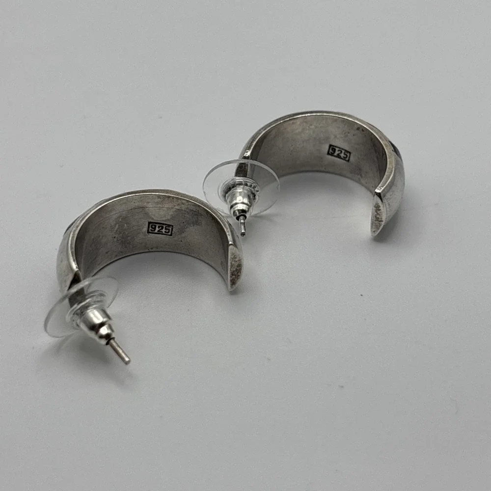 925 Sterling Silver And Lapis Lazuli Inlay Half Hoop Earrings
